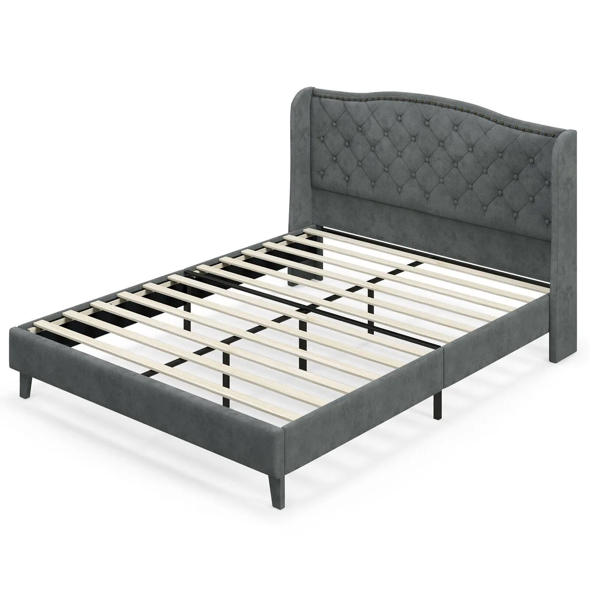 Gray upholstered queen platform bed with button-tufted velvet headboard and wooden slats
