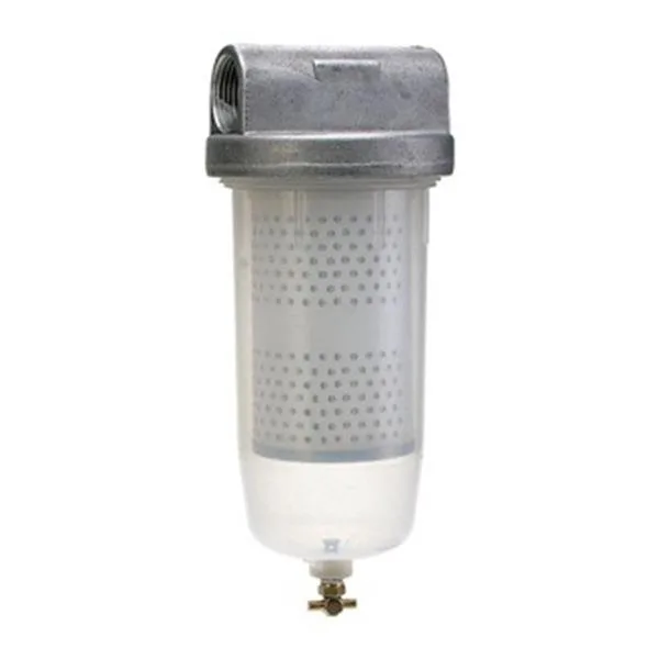 Translucent polycarbonate fuel filter housing with aluminum head 1 inch NPT ports