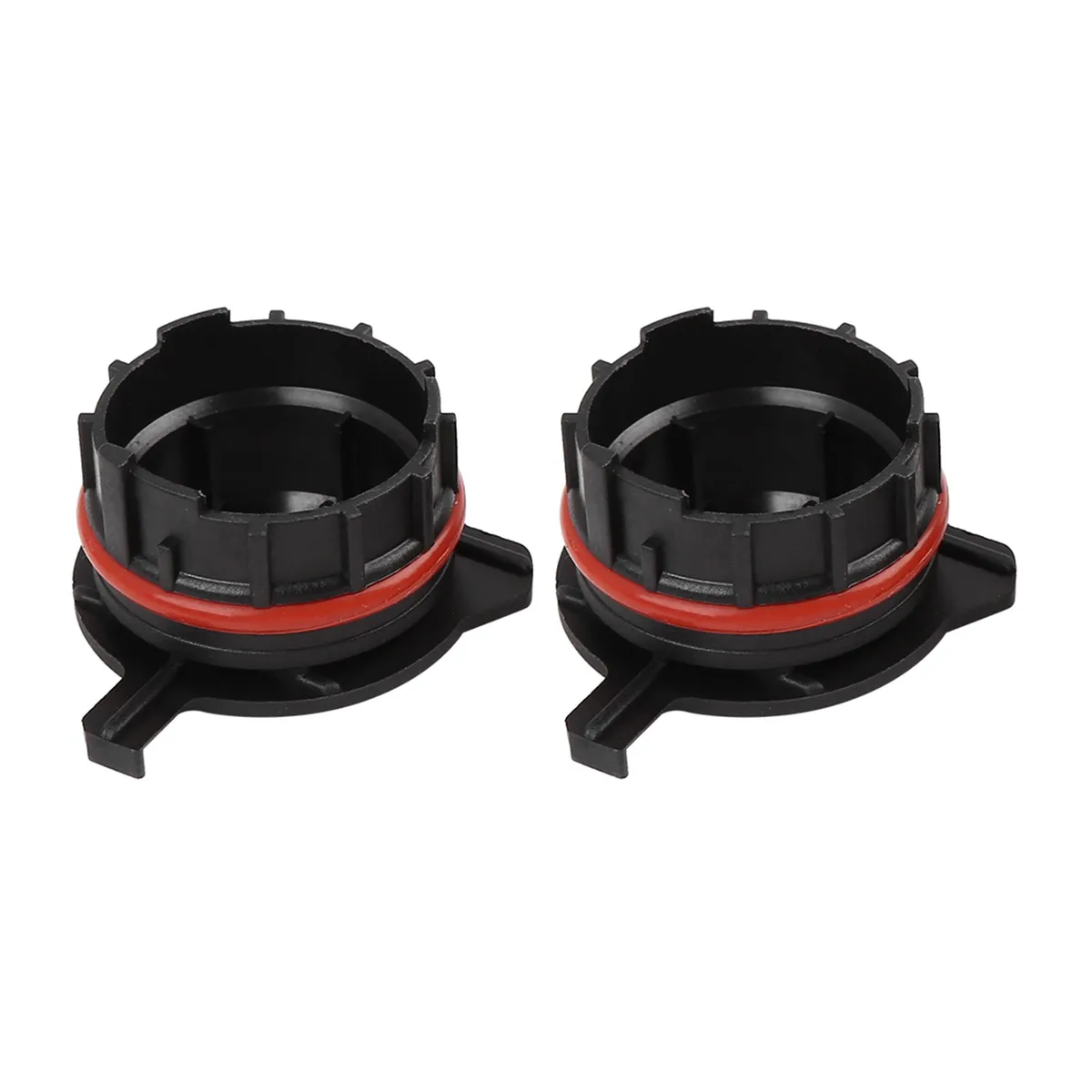 Two black plastic H7 LED headlight adapter retainers for BMW E39 and Mercedes Benz