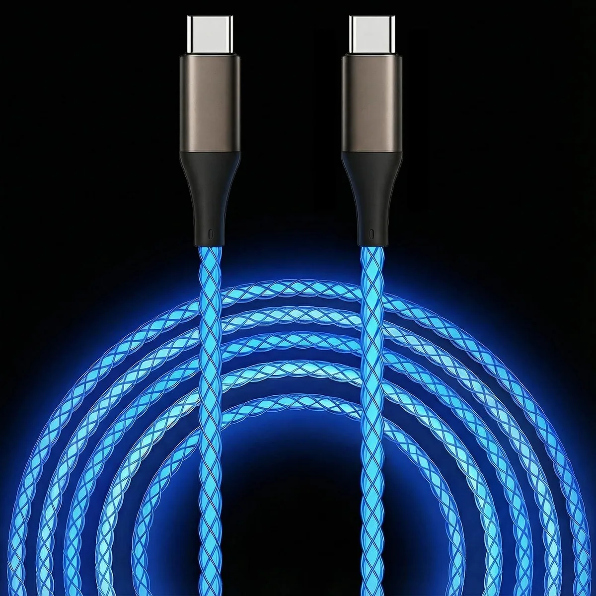 Blue USB-C to USB-C cable with LED lights, 3FT