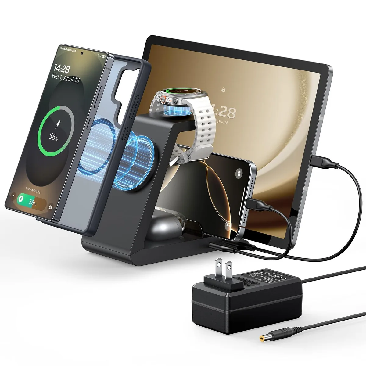 White rectangular charging dock with five device slots and magnetic phone pad