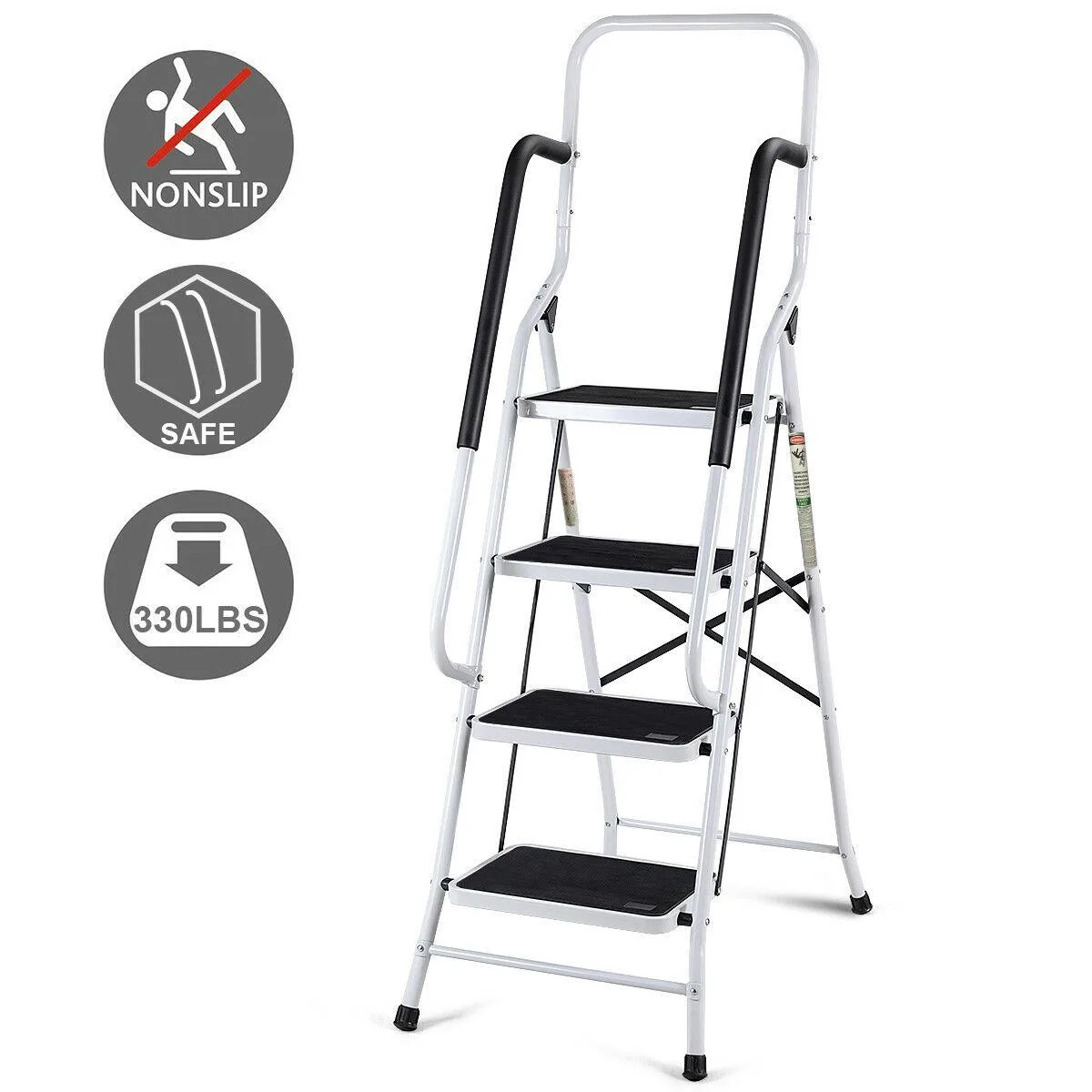 Silver folding four-step ladder with padded handrails and rubber feet