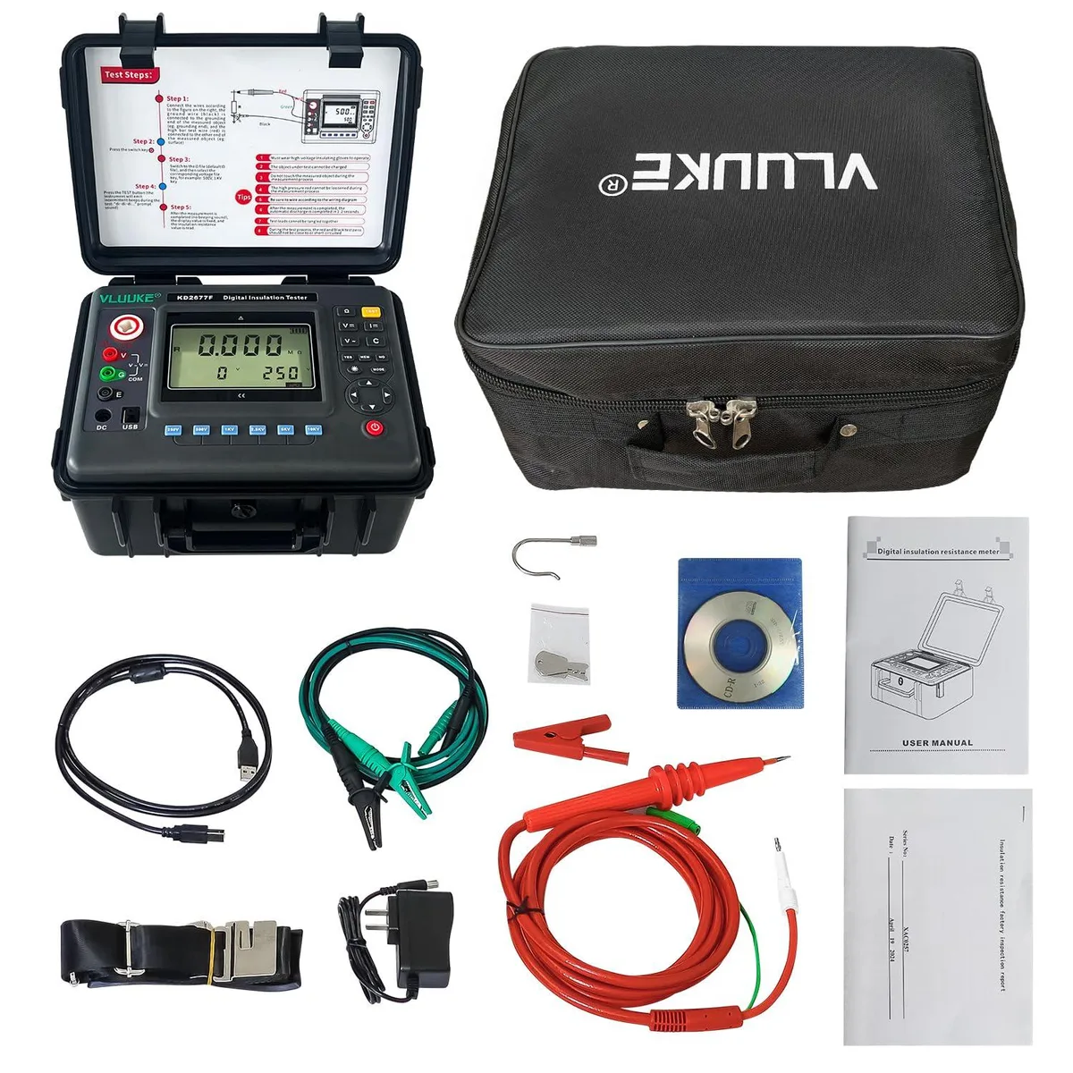 Yellow handheld insulation tester with large grey-backlit LCD, high-voltage leads and USB port