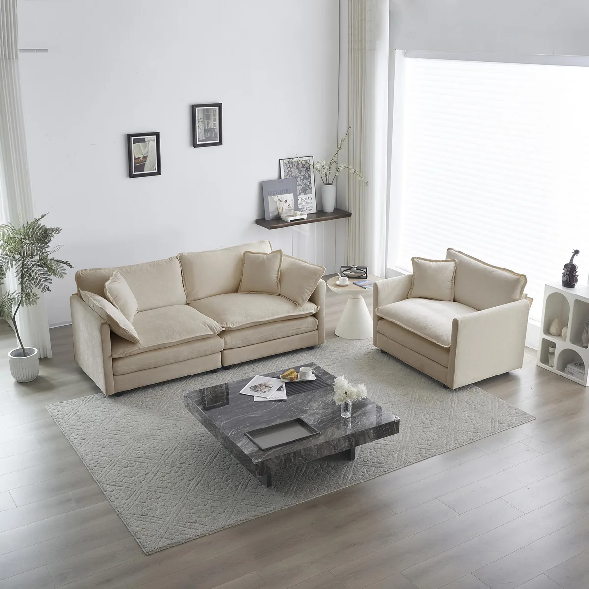 Two-piece beige chenille sofa and chair set