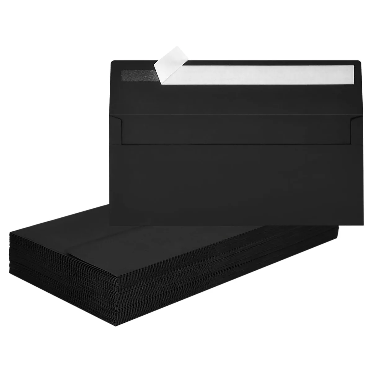 Stack of 50 black #10 envelopes with self-seal flaps