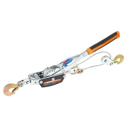 Red metal hand winch with lever, steel cable and three hooks