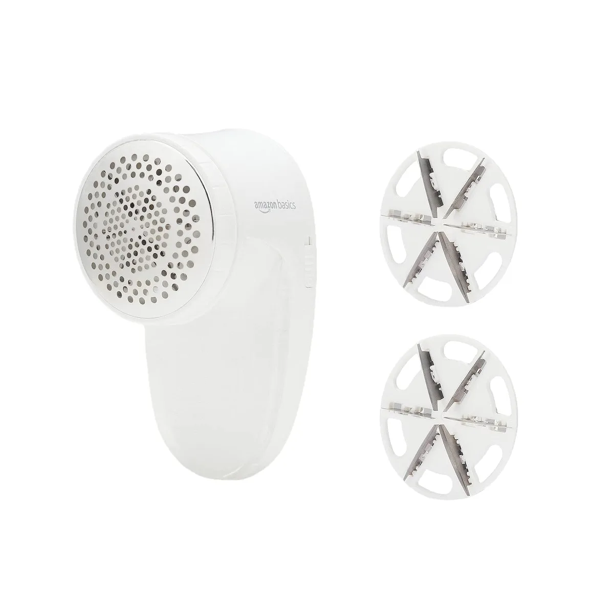 White fabric shaver in open case, mesh lid, spare blades, cleaning brush, 12 pack