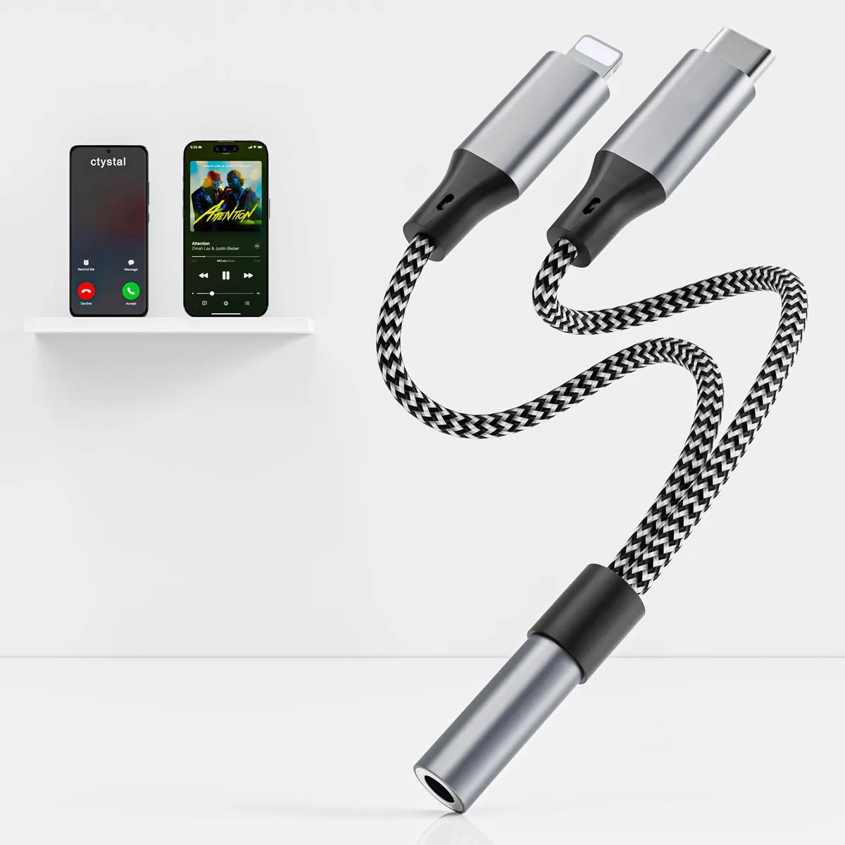 White compact 2-in-1 adapter with Lightning and USB-C plugs to 3.5 mm jack