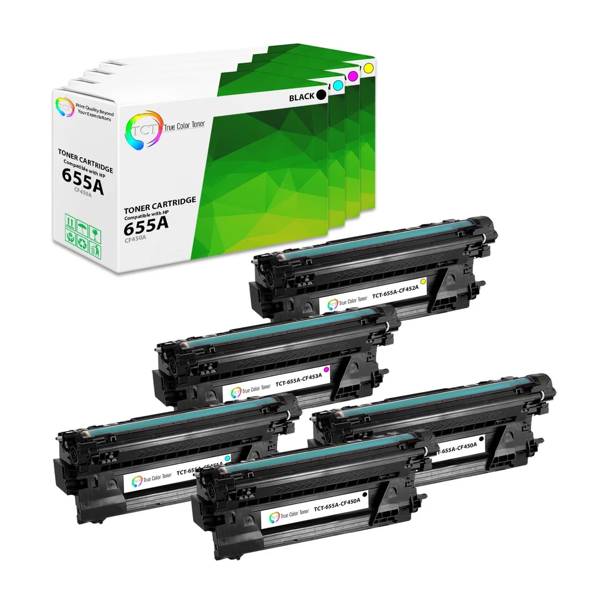 True Color Toner True Color Toner 655A 5 Pack toner cartridges CF450A CF451A CF452A CF453A — product photo