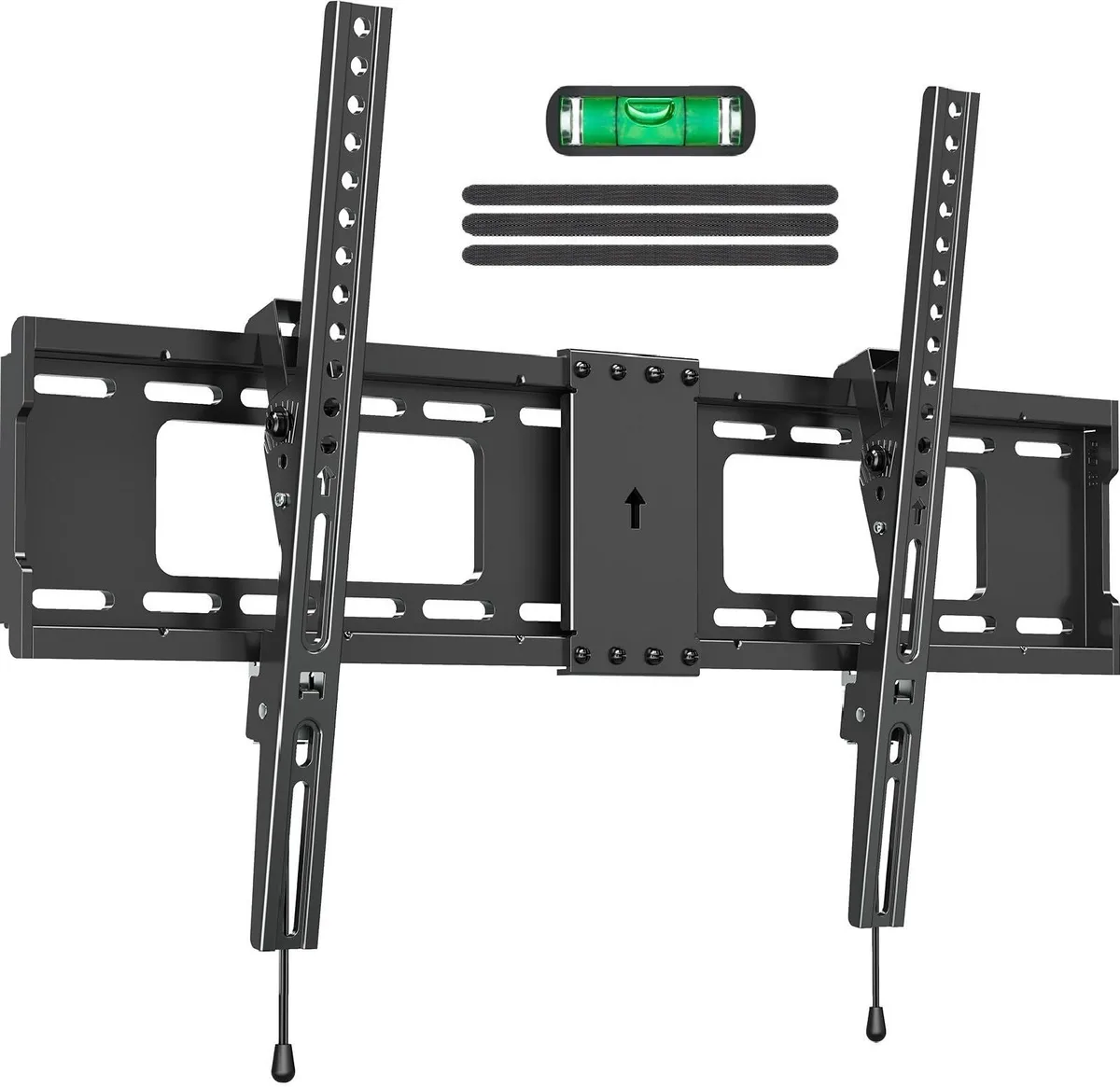 Black metal TV wall mount with tilt bracket and mounting hardware visible