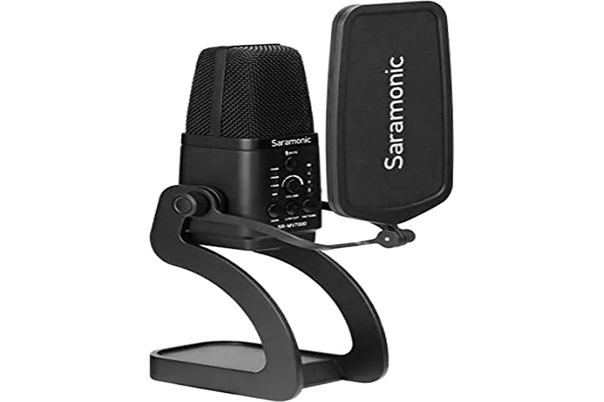 Large-diaphragm condenser mic on desktop stand with pop filter, matte black finish