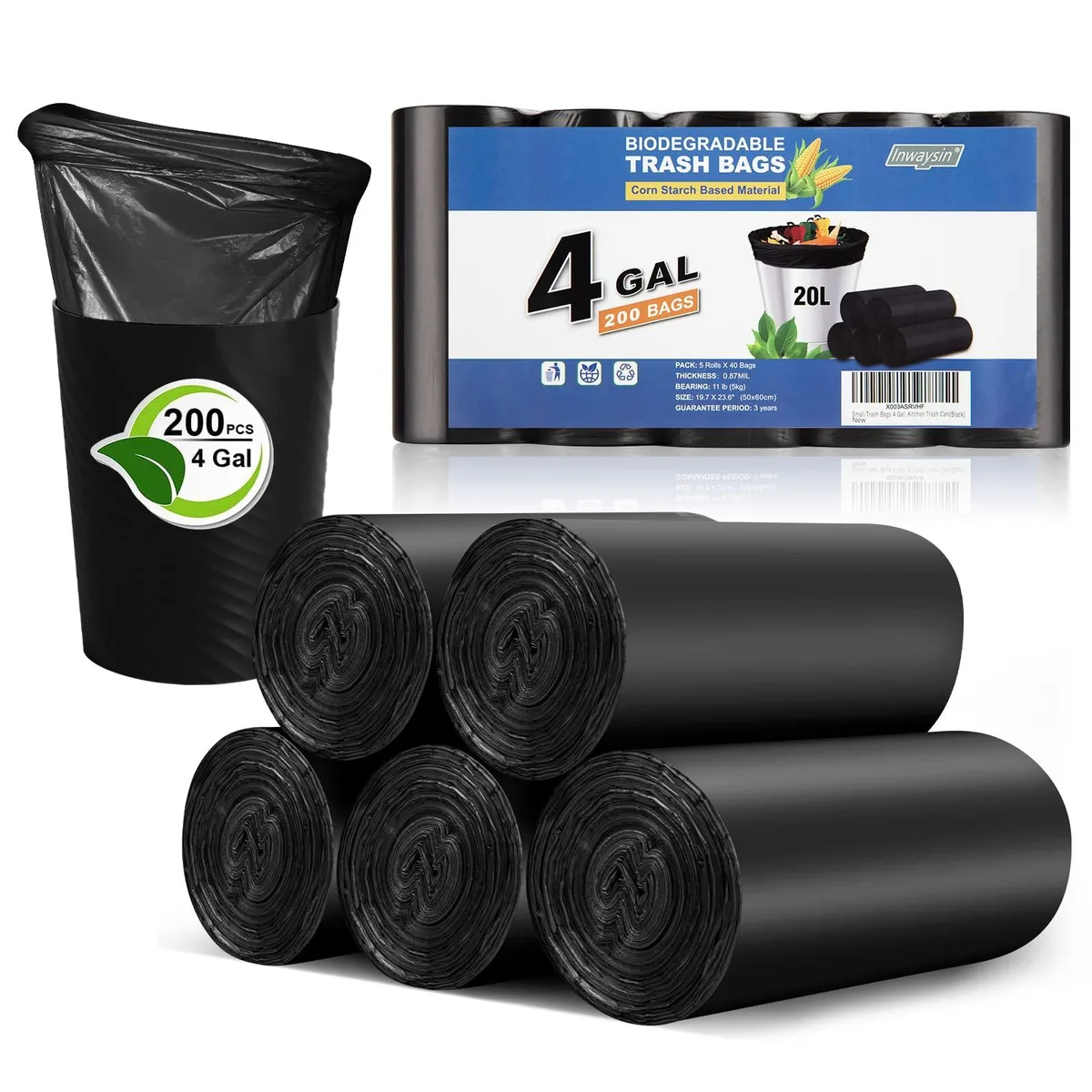 Inwaysin 4Gal-Black-200 4 Gallon Biodegradable Garbage Bags 200 Count Black — product photo