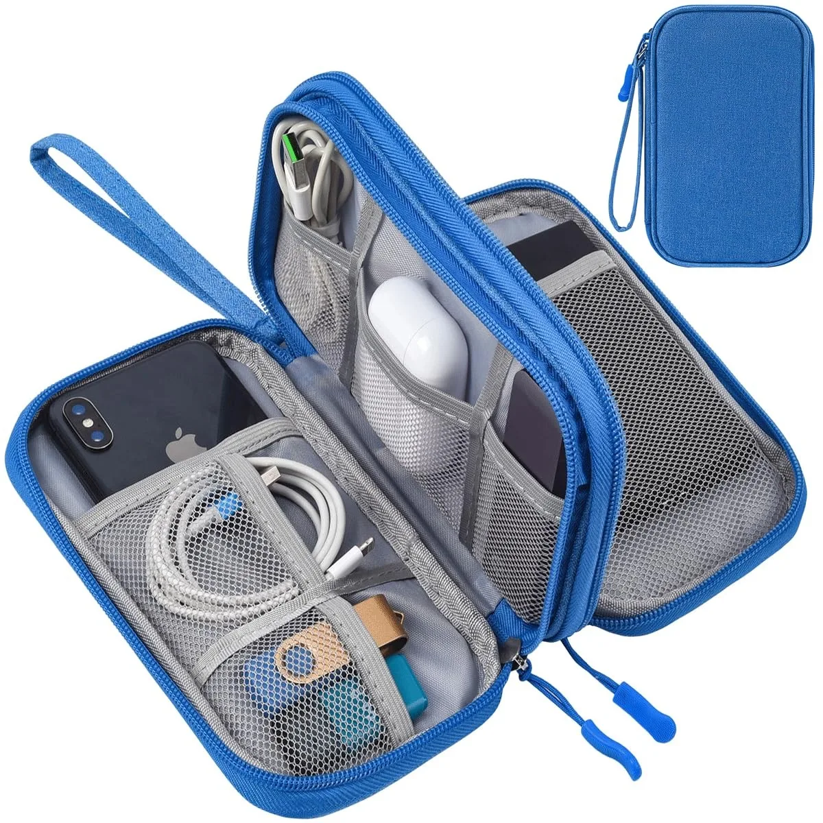 Blue rectangular travel case with zipper and hand strap