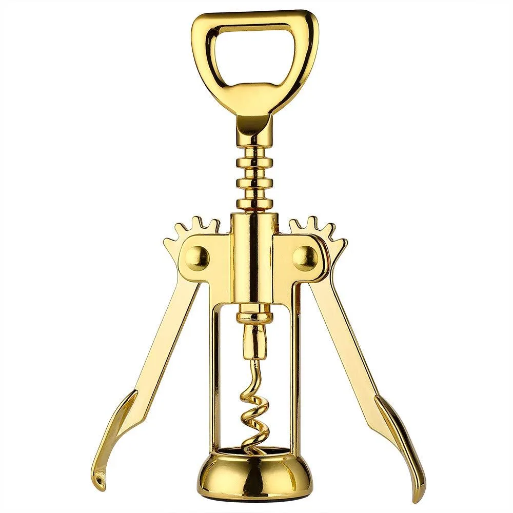 Gold polished stainless steel wing corkscrew with broad arms and integrated bottle opener