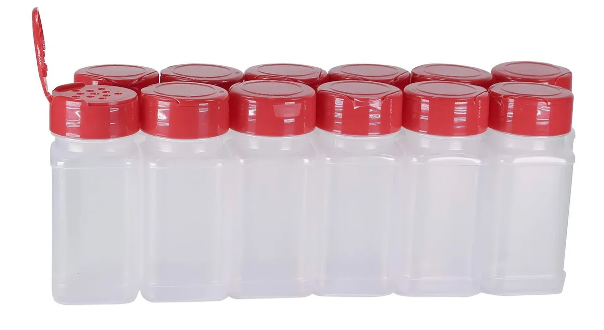 Twelve square 4 oz spice jars with red sifter lids