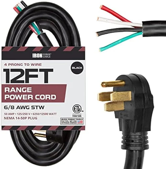 TAURKENAM TAURKENAM 4 Prong Range Cord 12 Ft 50 Amp NEMA 14-50 6/8 AWG 125/250V 12500W — product photo