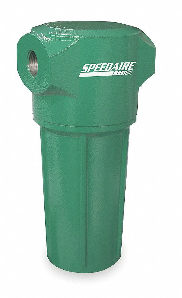 Silver aluminum cylindrical condensate separator with 1 inch NPT ports and automatic drain valve