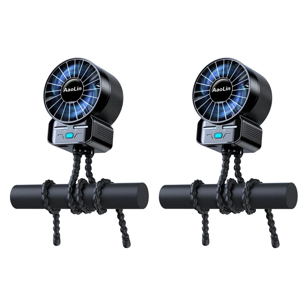 Two black clip-on stroller fans with striped blades and flexible tripod legs