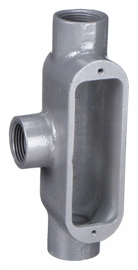 Gray powder-coated iron conduit outlet body, T-style, threaded 3/4 inch hubs