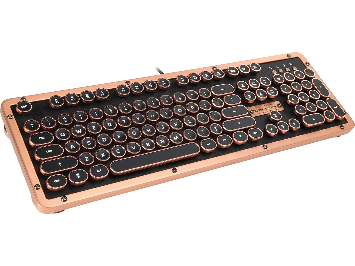 AZIO AZIO MK-Retro-L-03-US Retro Mechanical Keyboard, Black Leather Copper ZA Trim, White LED, USB — product photo
