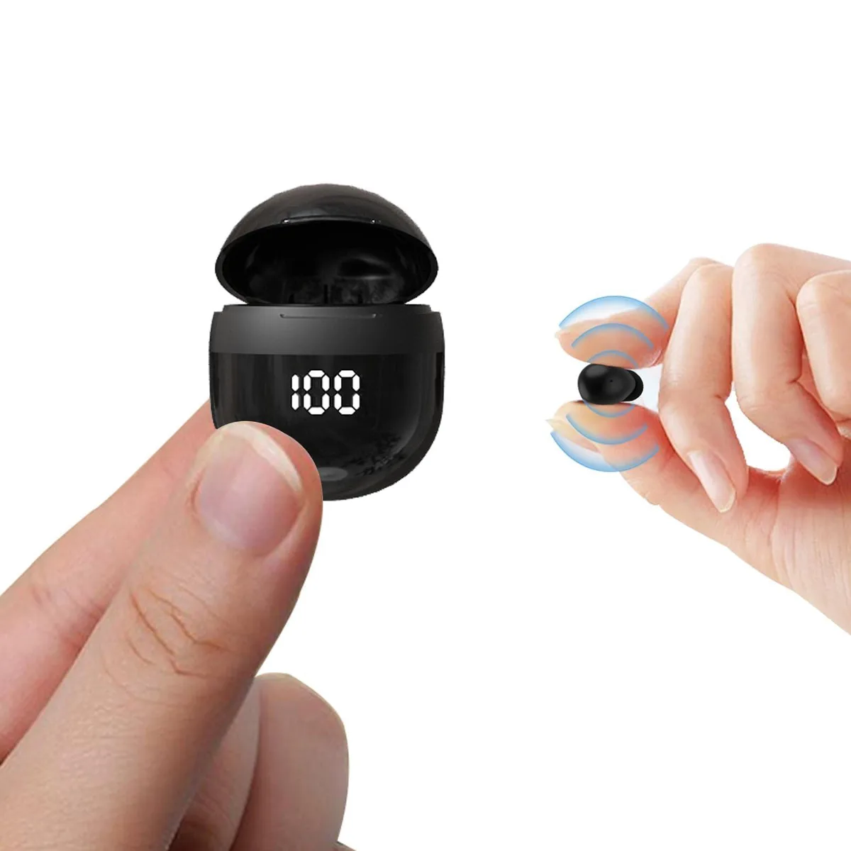 Tiny black in-ear buds with matching tumbler charging case