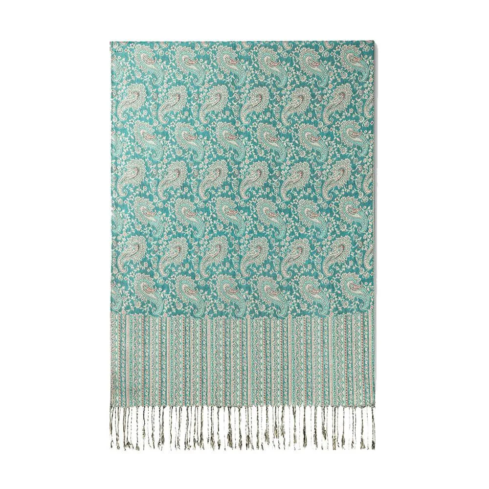 Turquoise paisley pashmina shawl laid flat, lightweight woven fabric with all-over pattern