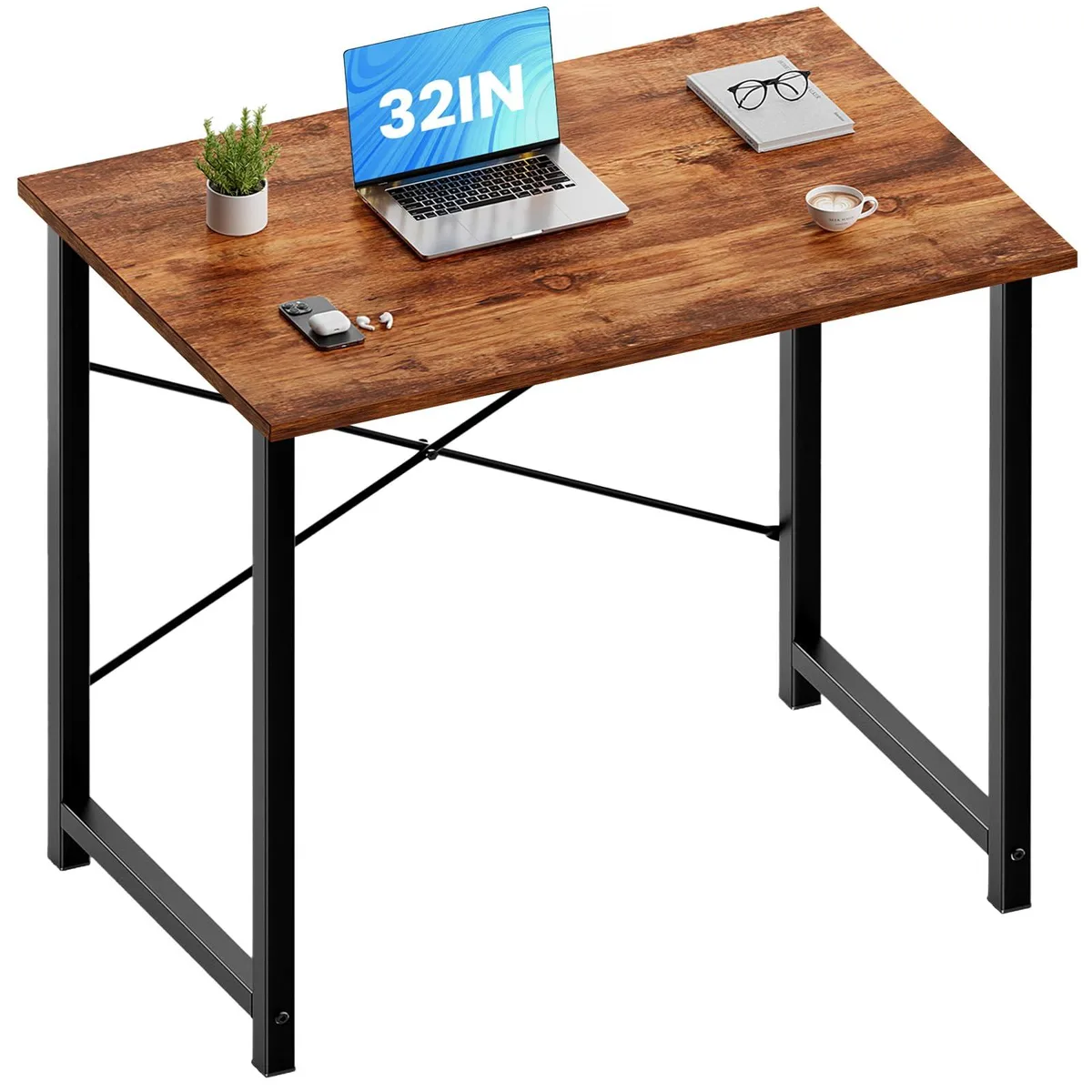 Rectangular rust desk with black metal X-frame and leather-finish top