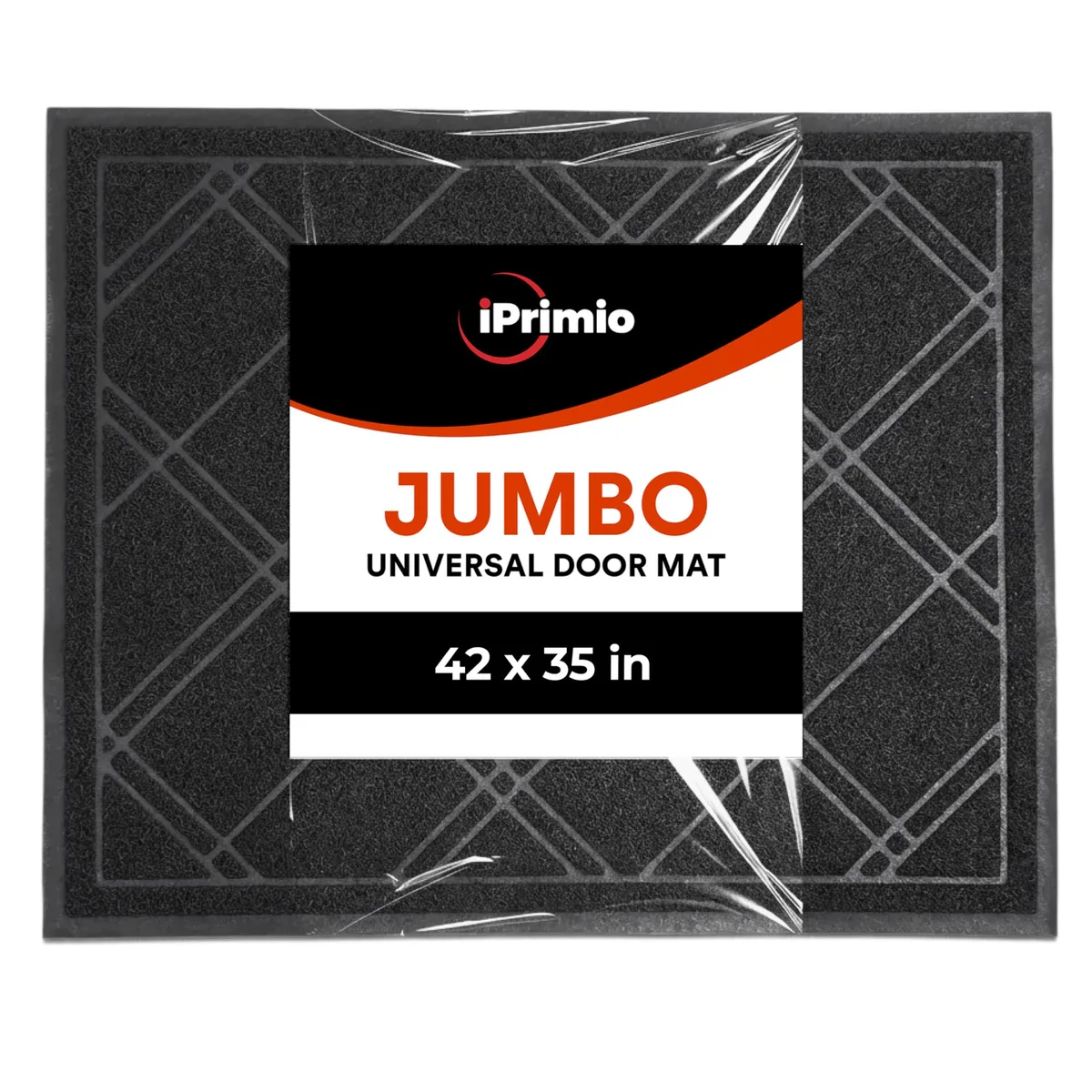 Black rectangular door mat with striped plaid pattern, low pile polypropylene finish