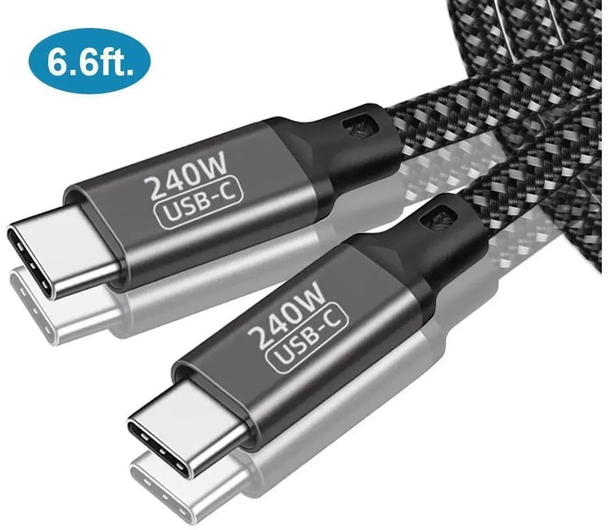 Black braided USB-C to USB-C cable, 6.6ft length, 240W PD 3.1