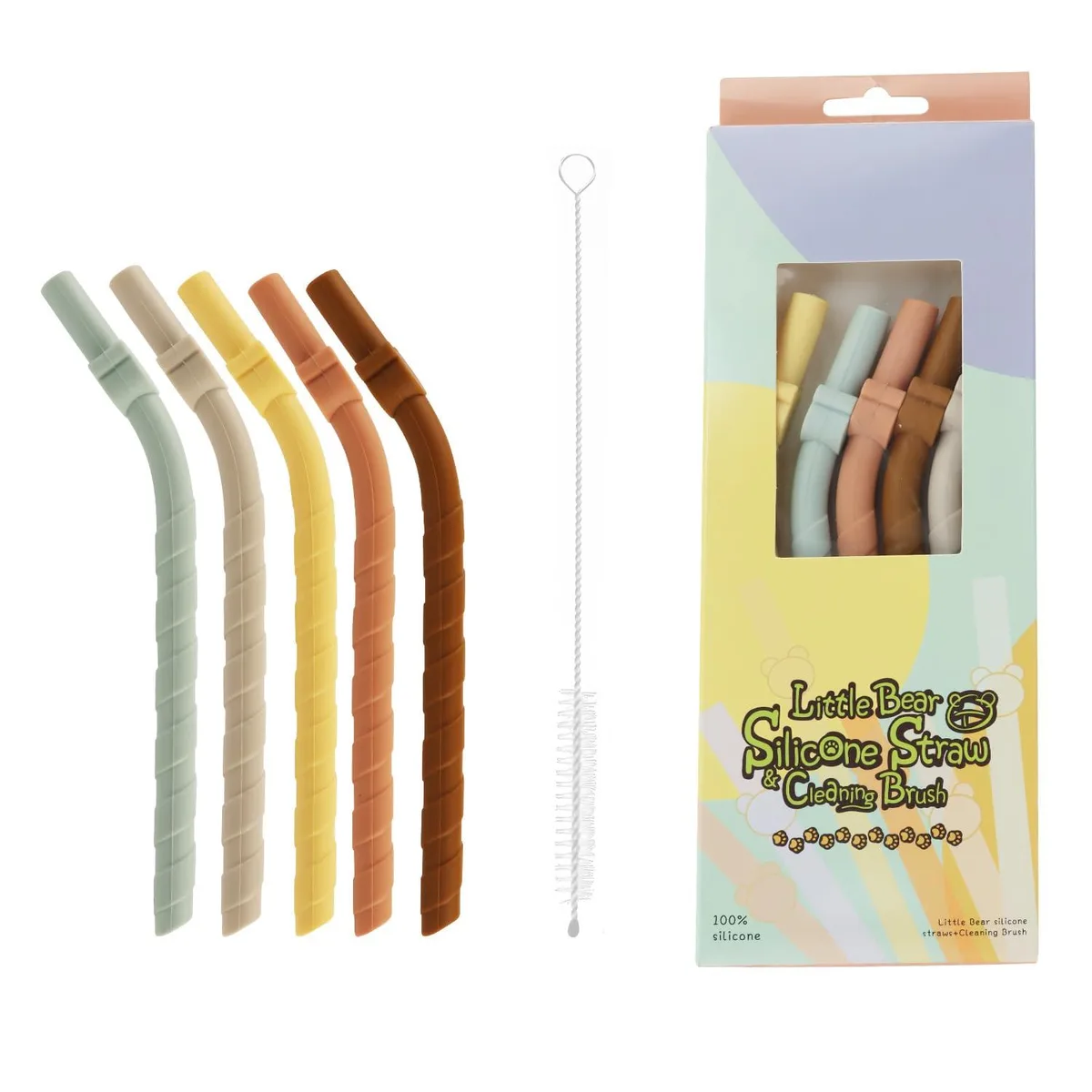 Five pastel silicone straws bent at fixed angle with cleaning brush