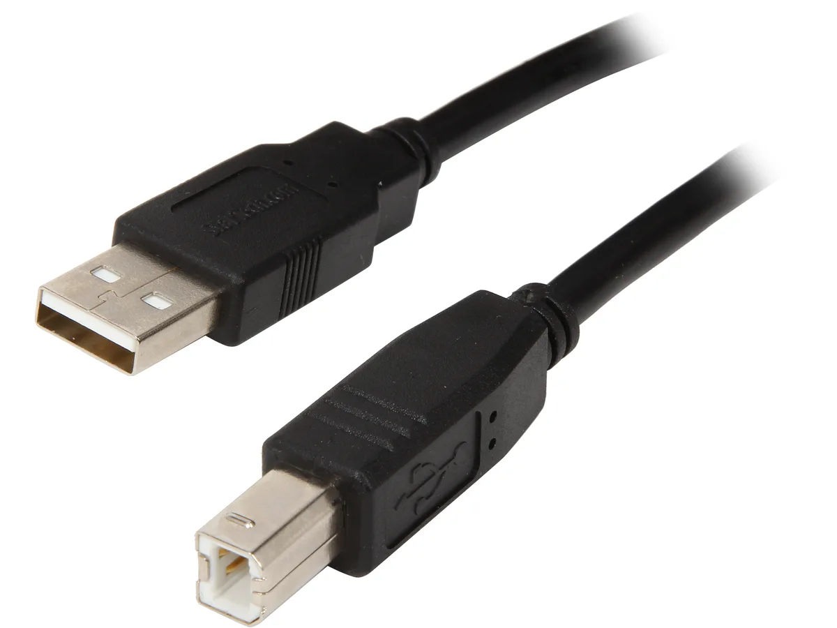 Black USB 2.0 cable with Type A and Type B male connectors, 3 ft
