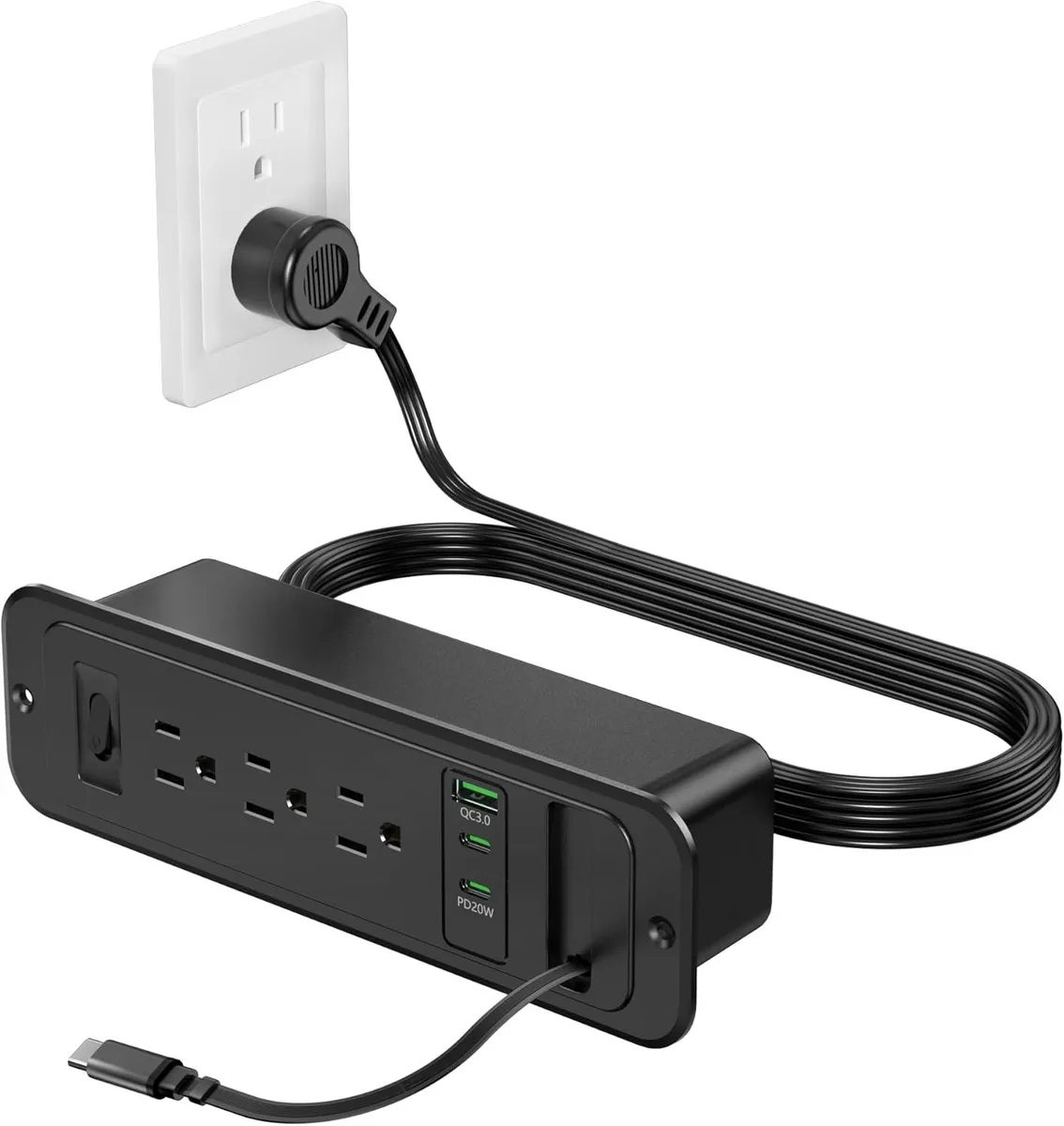 BFKK BFKK Recessed Power Strip with Retractable USB C Cable Black 6ft 20W — product photo