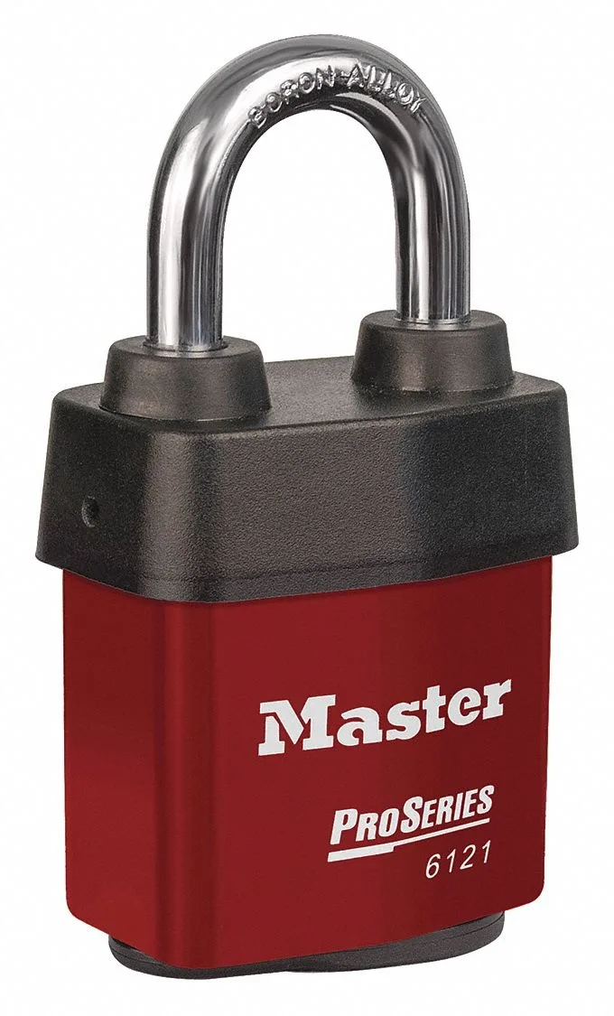 Red steel lockout padlock with boron alloy shackle