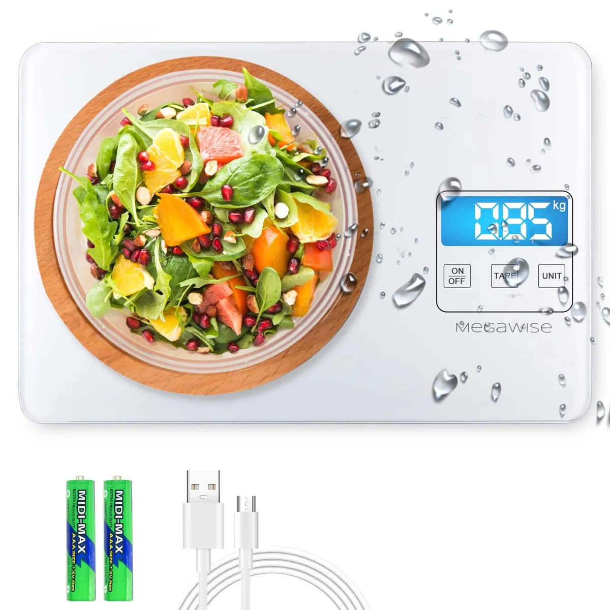 Yellow digital kitchen scale with horizontal LCD screen, tempered glass platform, USB rechargeable, 9.5 by 6.3 inches