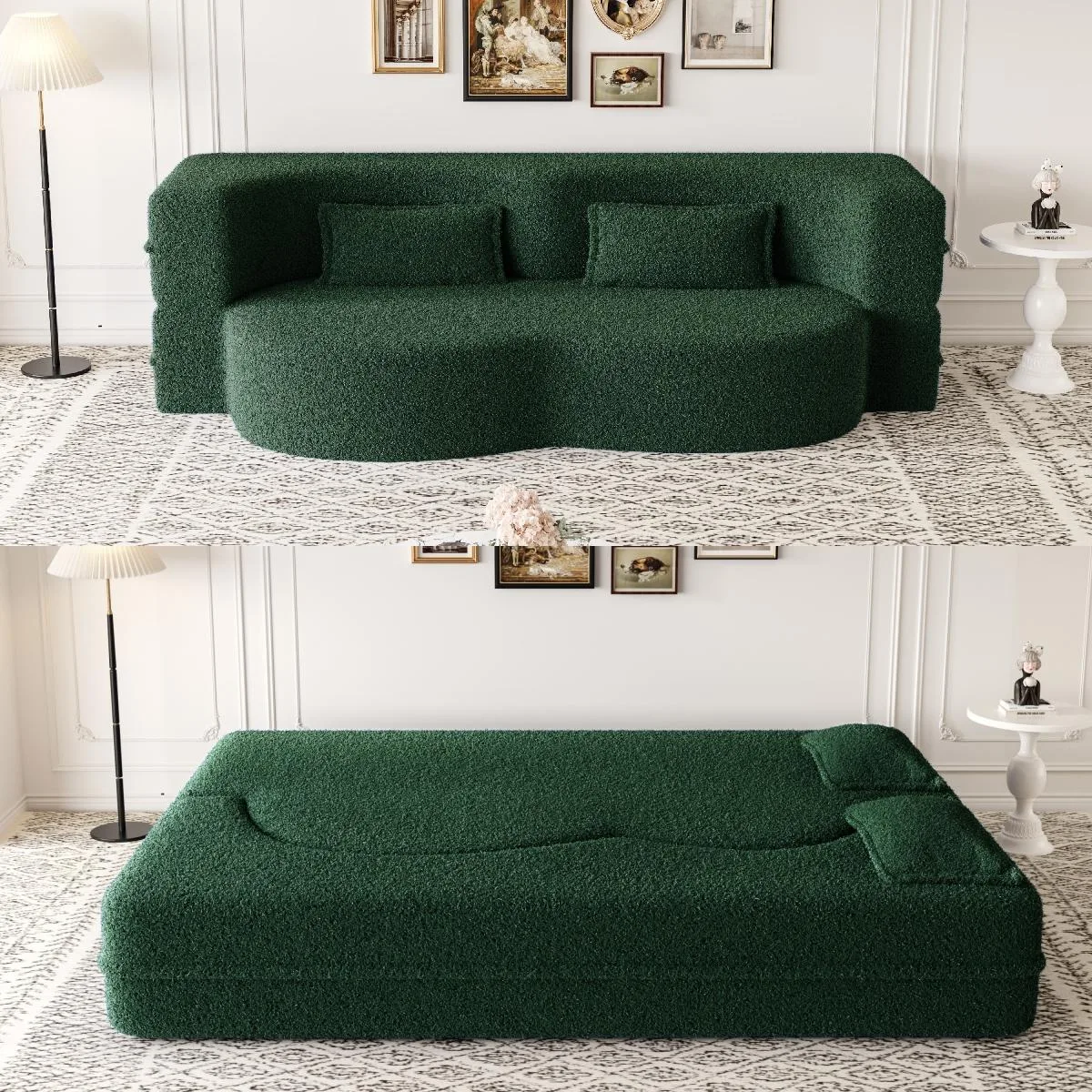Green teddy fabric floor sofa with two matching pillows folded into a low rectangular form