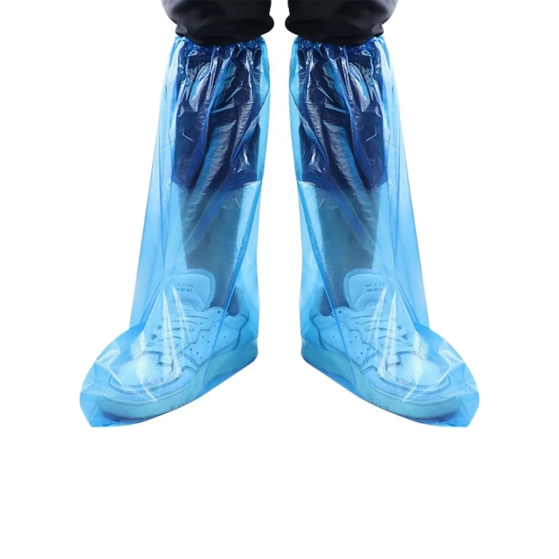 Blue disposable shoe covers, high tube elastic design, 10 pack