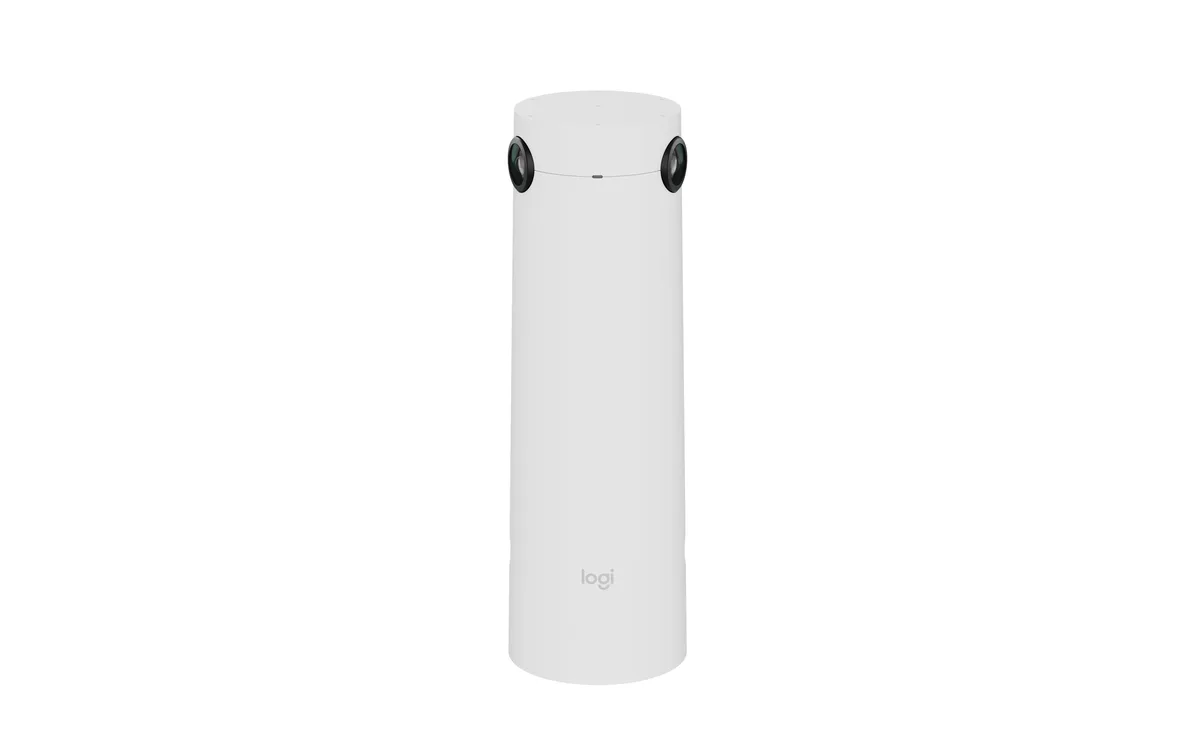 White cylindrical tabletop conference camera with front lens and perforated grille