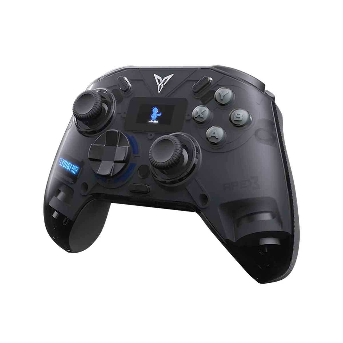 Gray wireless gamepad with color display screen and textured grips