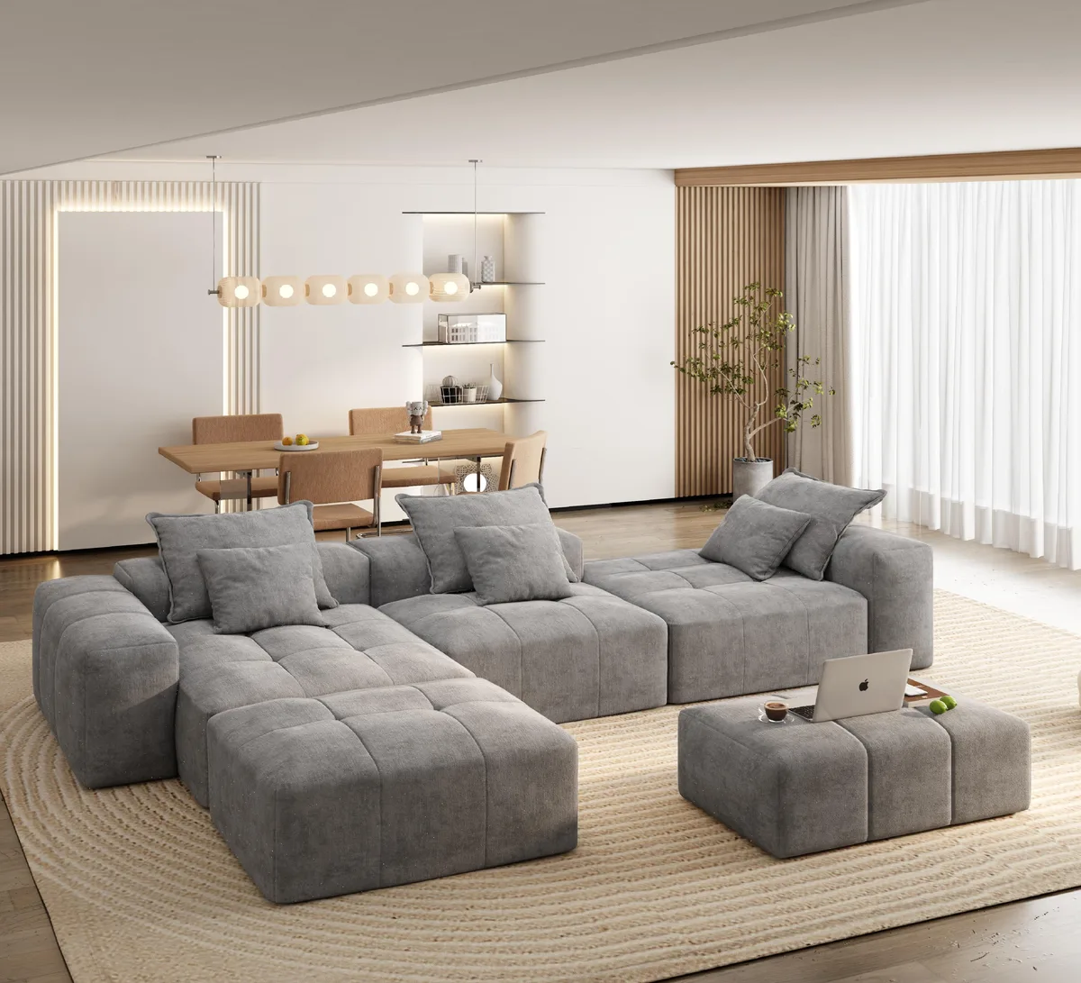 Grey modular sectional sofa with six pillows, sparkling chenille fabric, tufted design, no assembly required