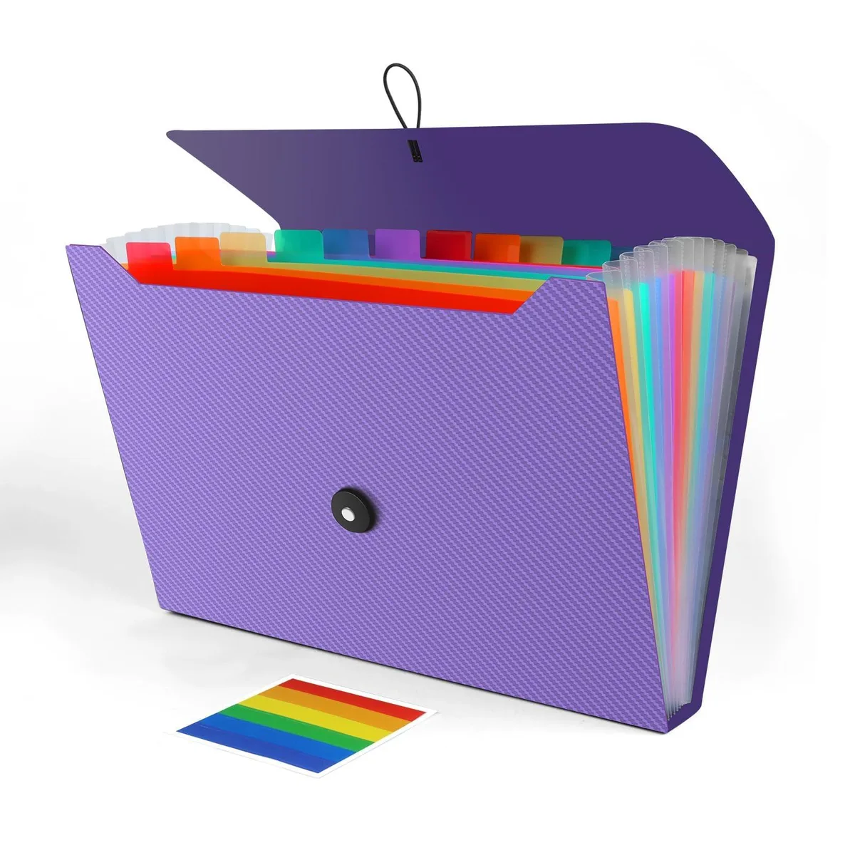 Purple polypropylene accordion file with 13 expanding pockets and elastic button closure