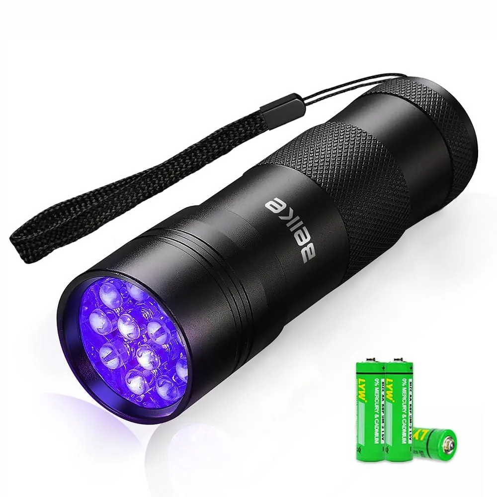 Compact black aluminium UV flashlight with 12 LEDs