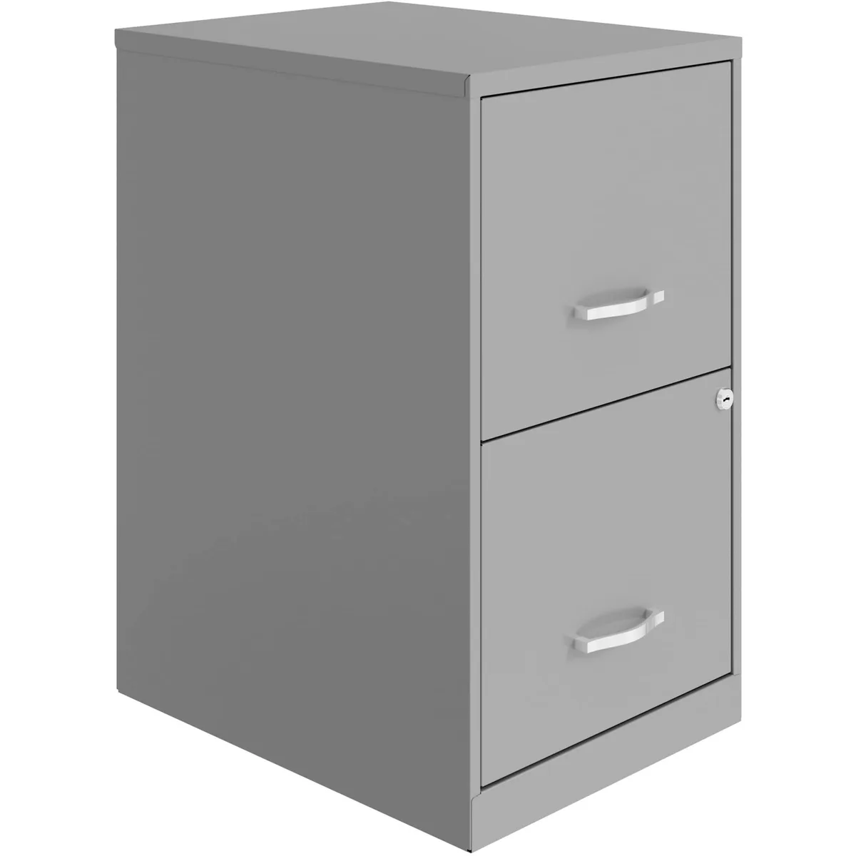 Silver two-drawer steel file cabinet with flat panel fronts and metal handles