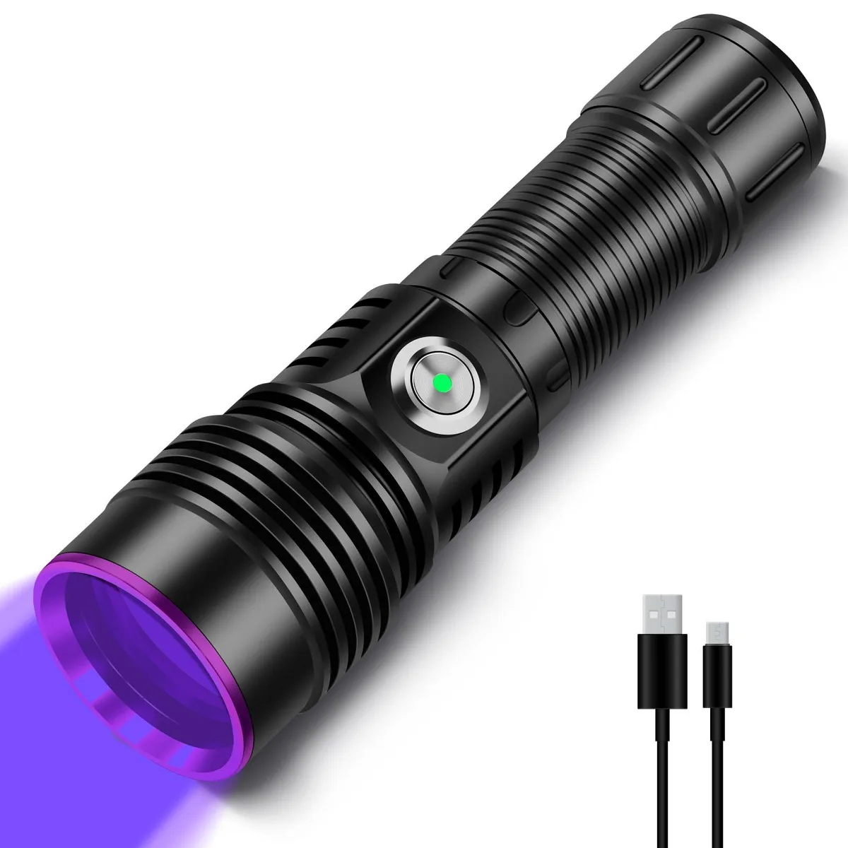 Compact aluminum UV flashlight with black filter lens and USB-C port