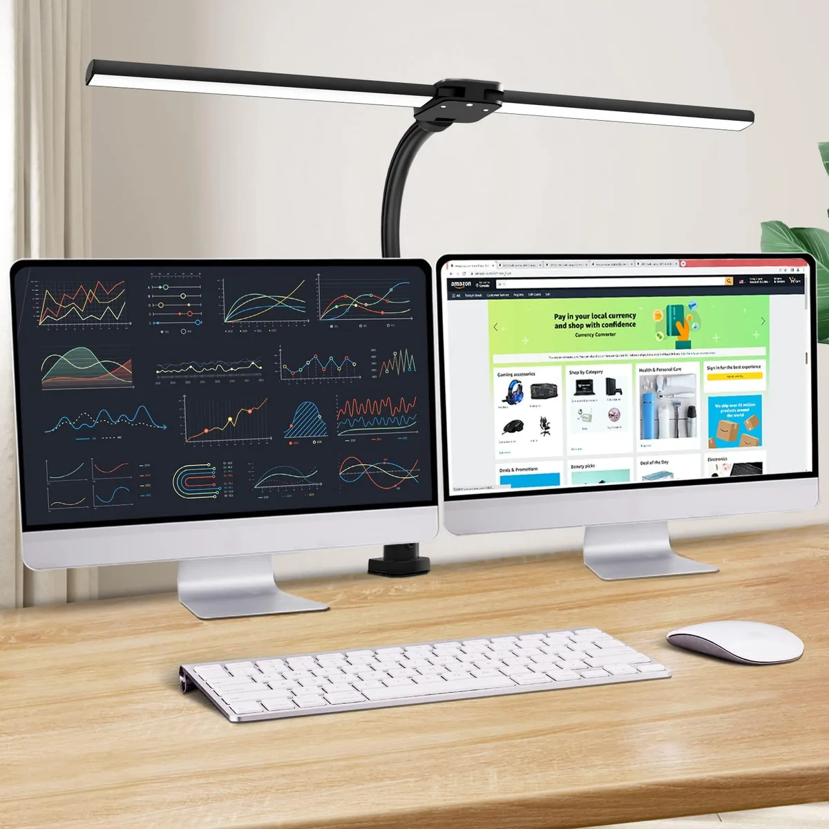 Black double-head LED desk lamp with adjustable gooseneck arms and clamp base, painted finish