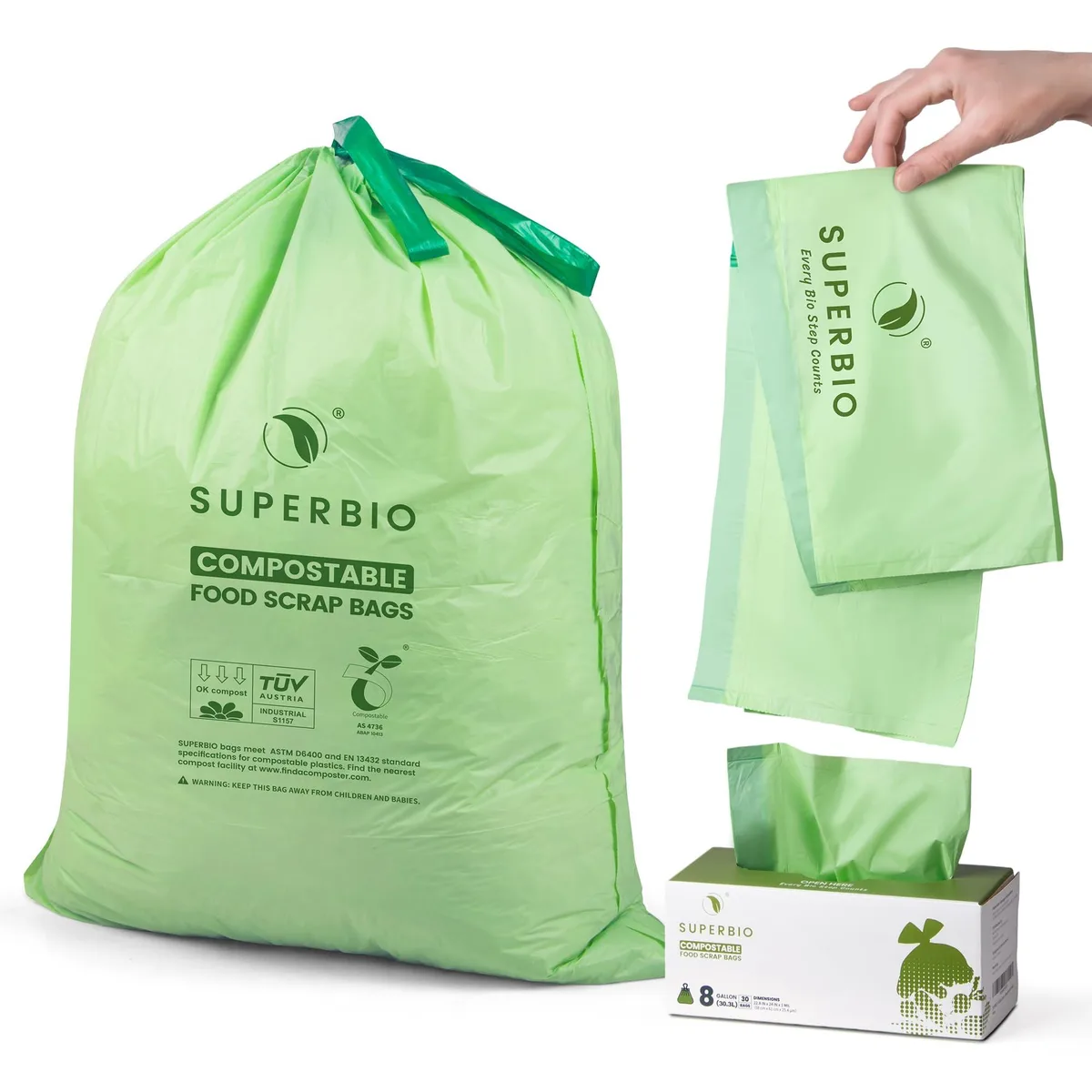 Roll of 30 compostable drawstring kitchen waste bags, 22.8 by 24 inches, 1 mil thick