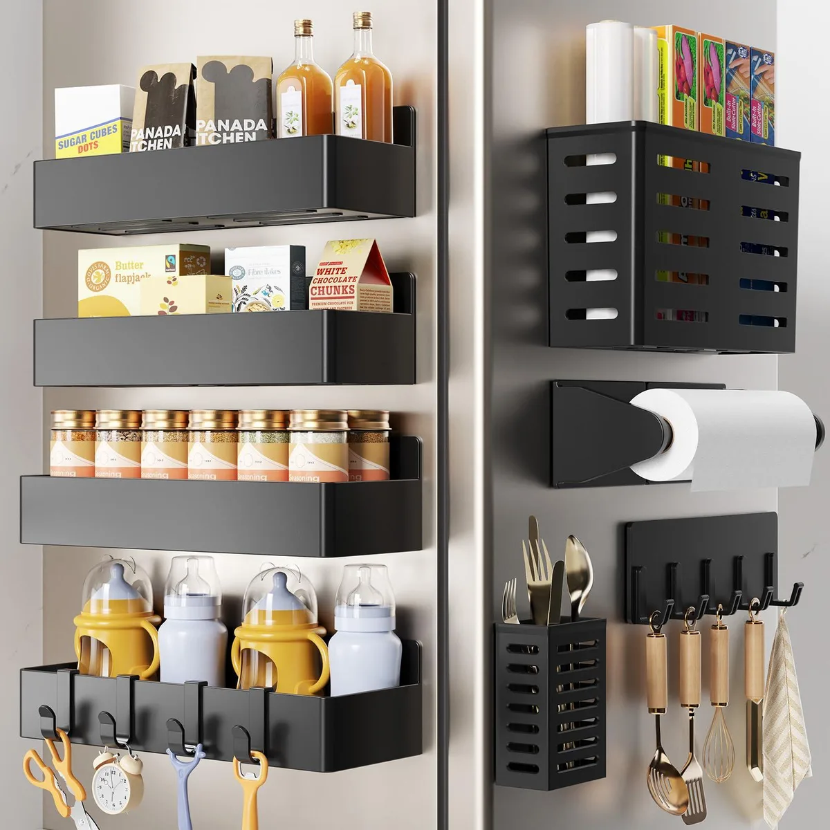 Red 34-inch 8-piece magnetic fridge organizer set with shelves basket hooks and paper towel holder