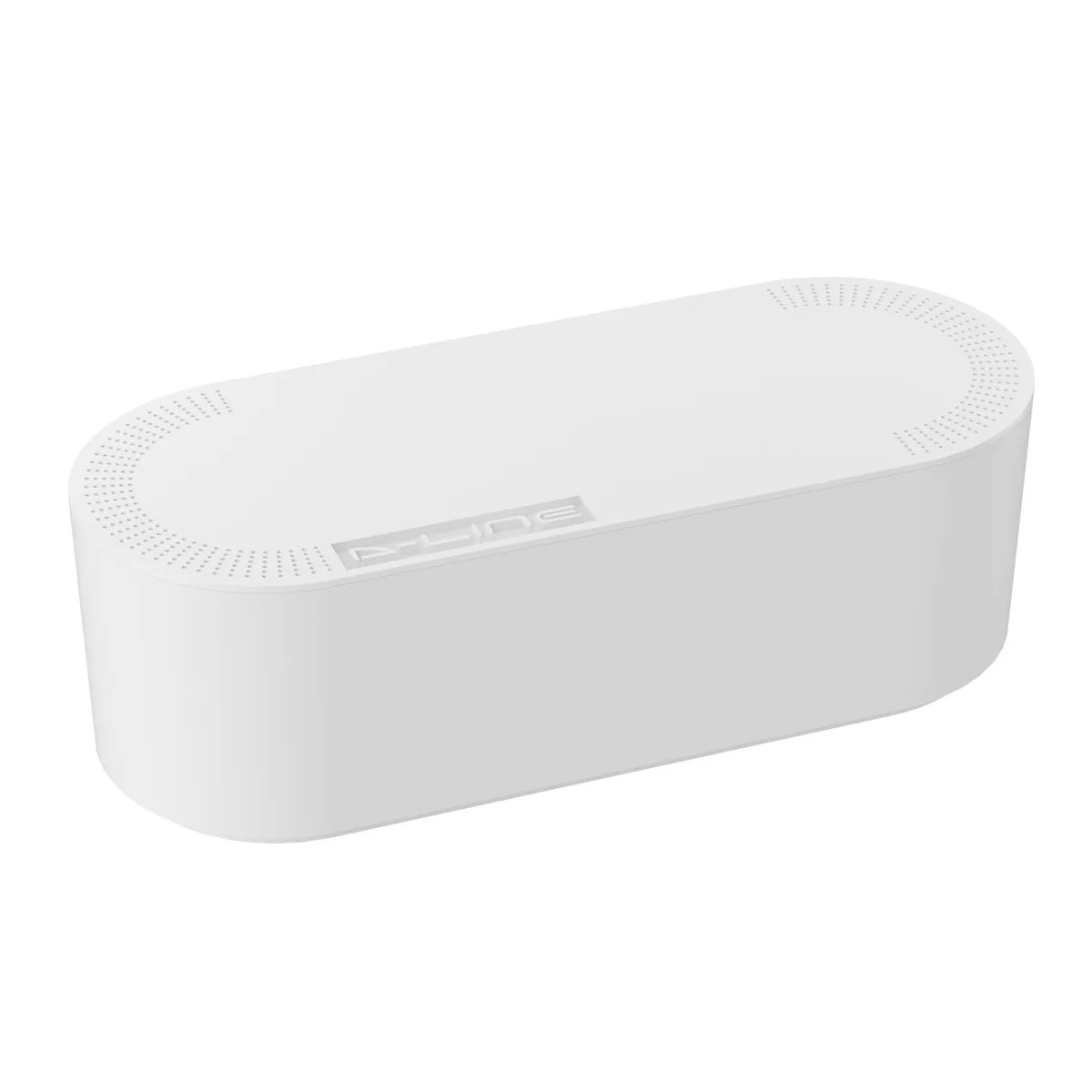 White rectangular ABS box with curved edges and rear cable slots, freestanding design