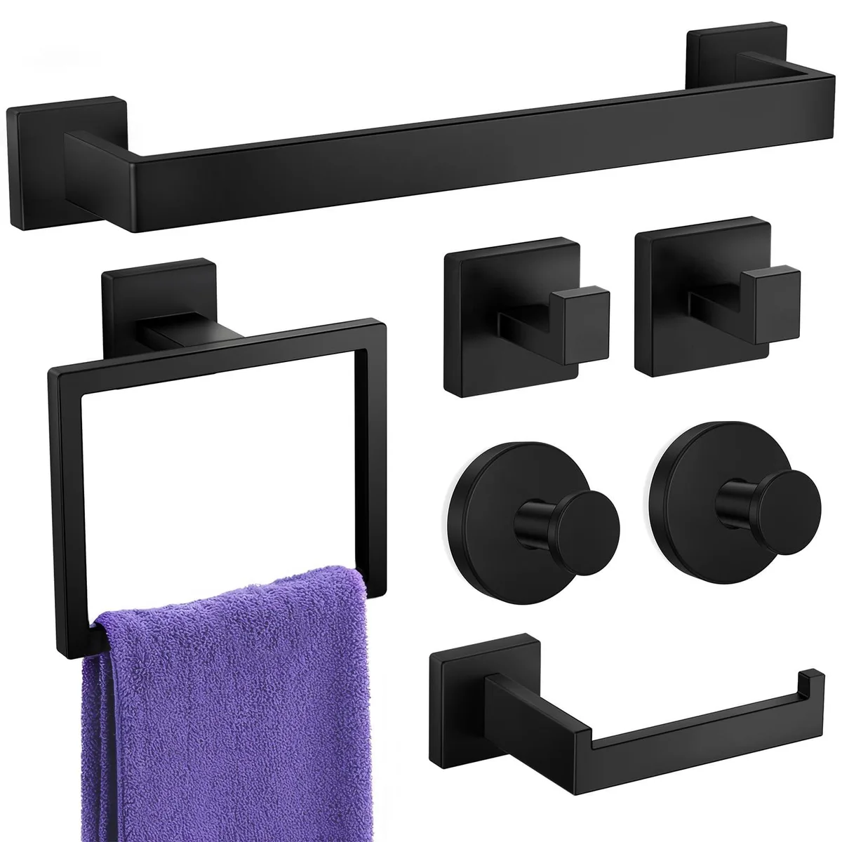 Matte black stainless steel bathroom hardware set with 16 inch towel bar, ring, paper holder and hooks