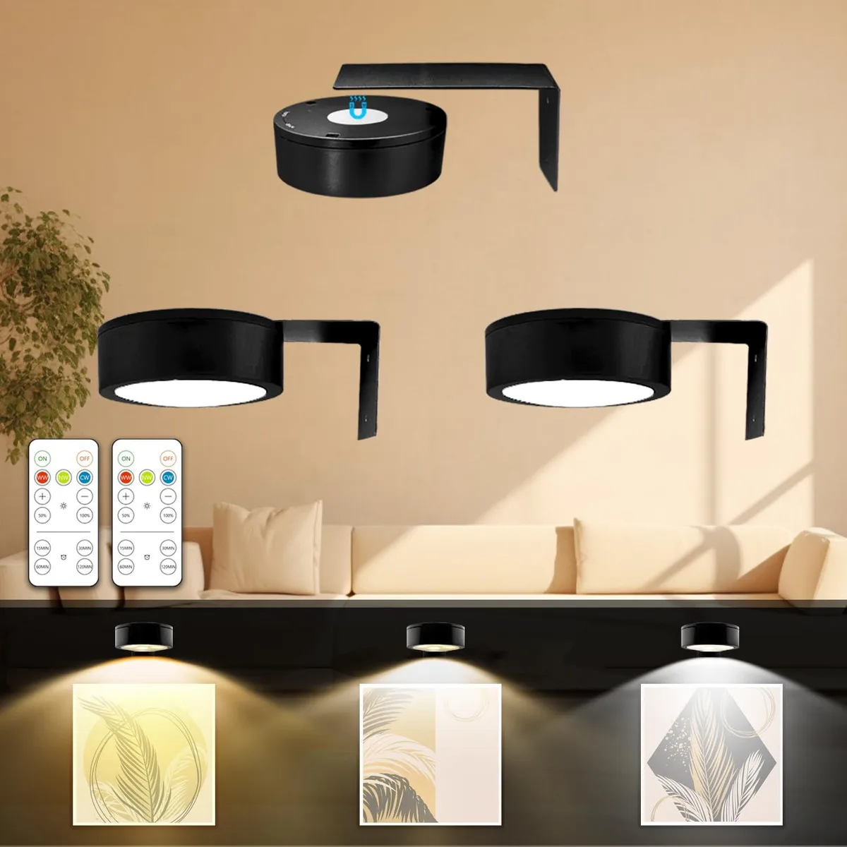 Three white acrylic LED picture lights with clear prismatic lenses and a remote control