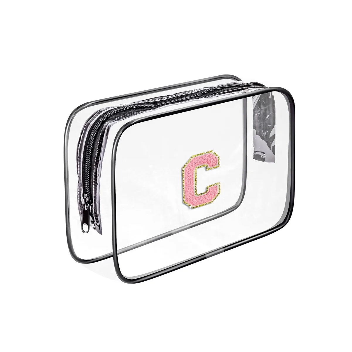 Transparent PVC toiletry bag with black chenille lettering and zipper, rectangular shape, 7.8 by 5.9 by 2.3 inches